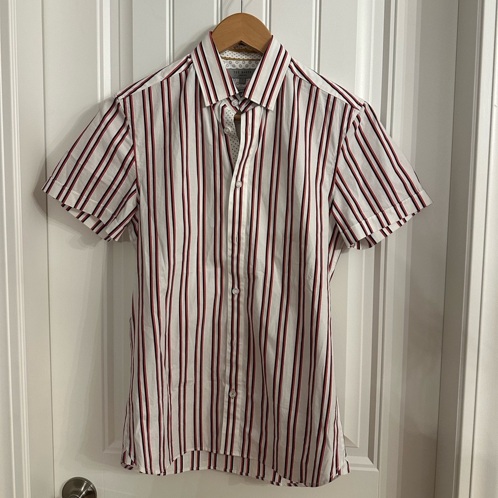 Ted Baker White Short-Sleeve Button-Down Shirt with Red and Black Stripes